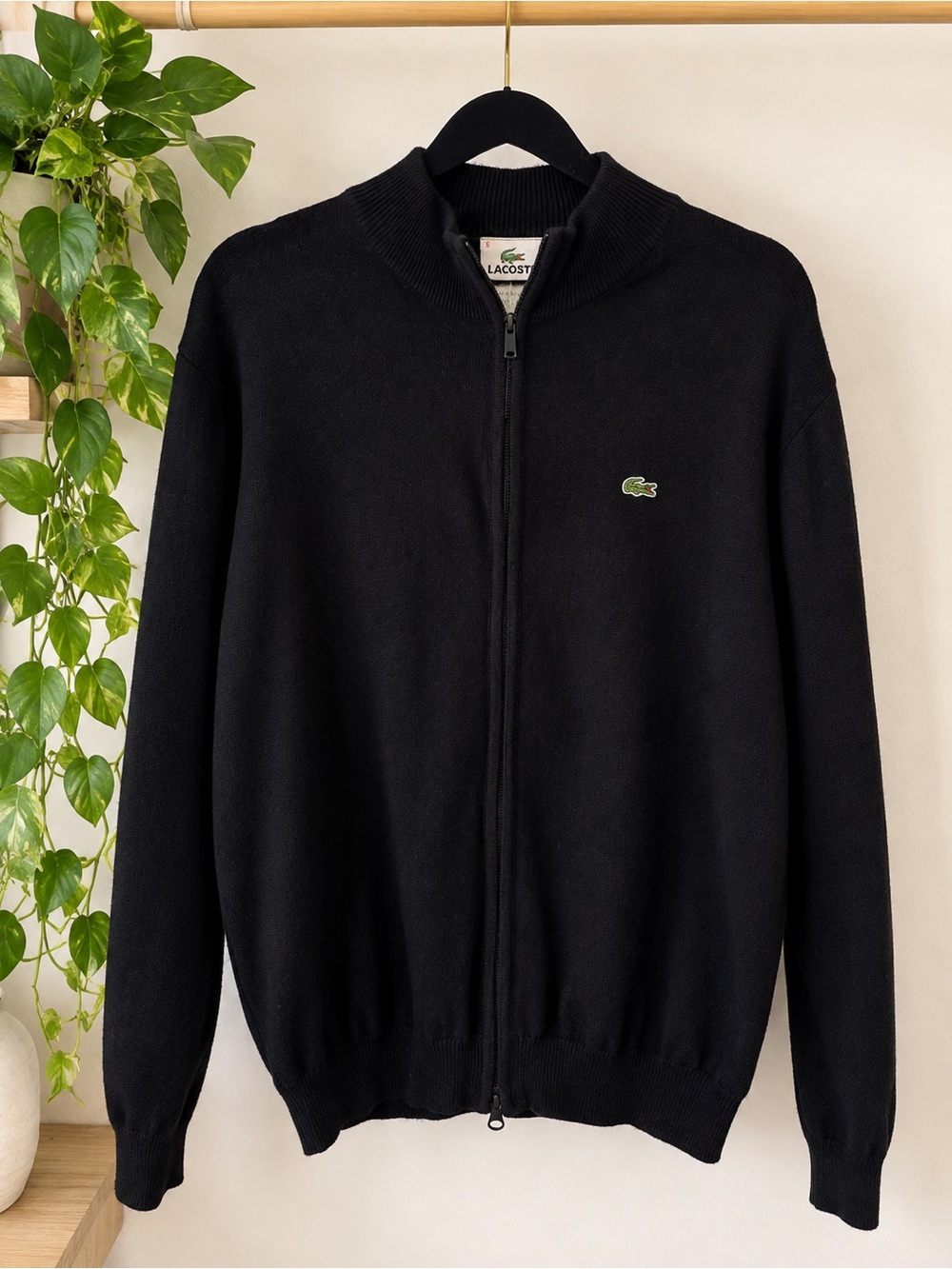 Lacoste Men’s Size 5 Black 100% Virgin Wool Full Zip Sweater